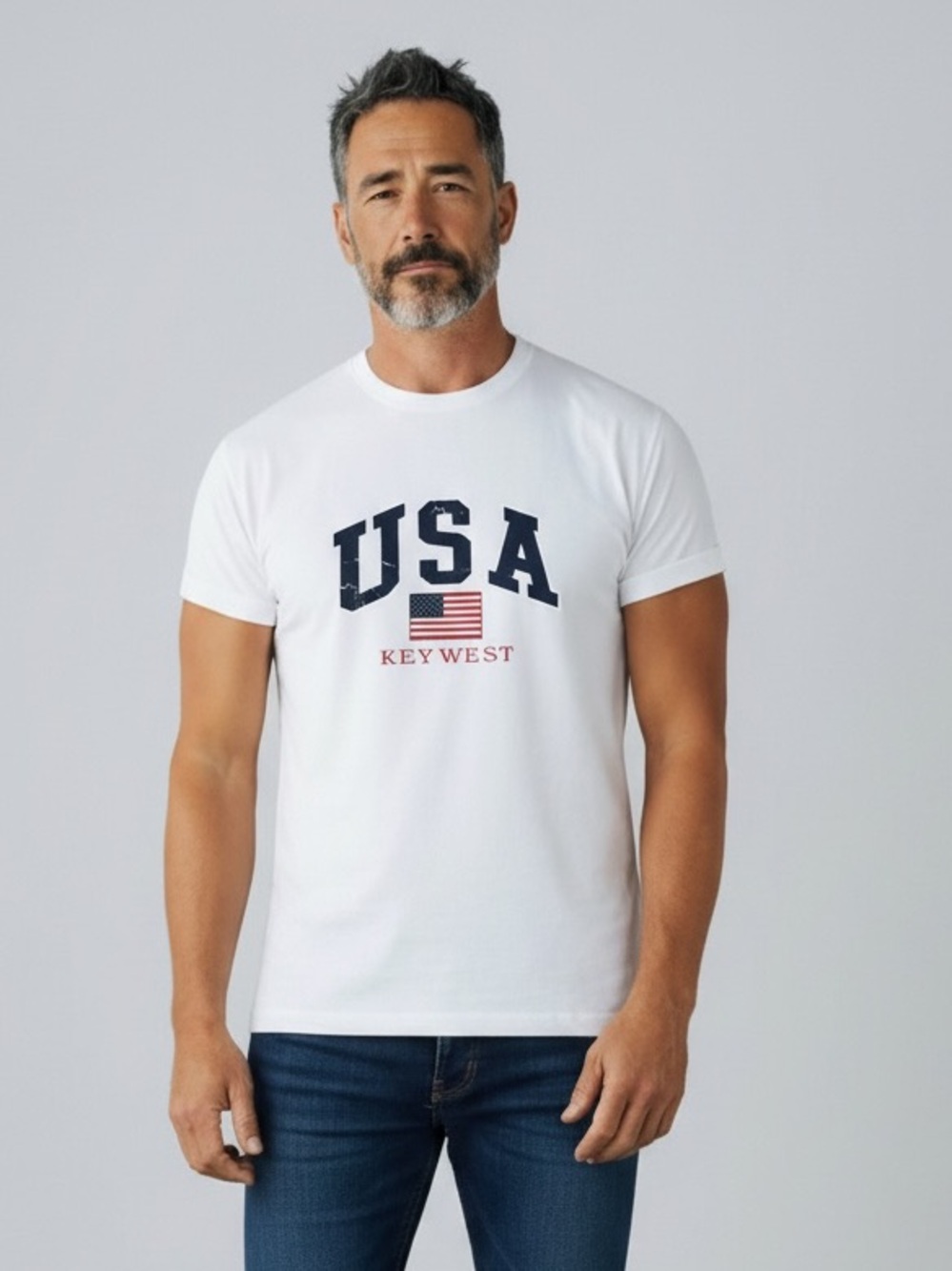 Men’s USA Key West Graphic T-Shirt White XL Cotton Short Sleeve Patriotic Tee